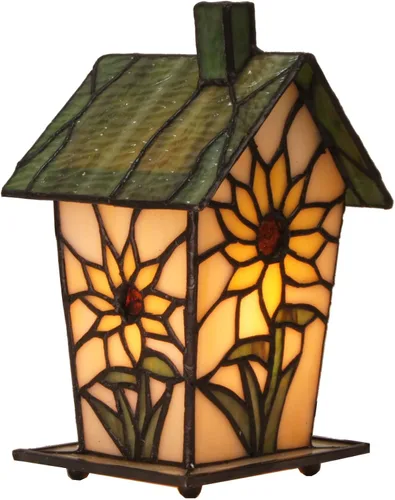 Vista 8 de Bieye L10782 - Lámpara de mesa estilo Tiffany con vitral en forma de casa de pájaro para decoración del hogar (17.8 cm de alto, libélula)