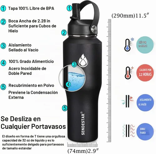 Vista 5 de SENDESTAR - Botella de agua de 0,9 L, 2 tapas (tapa con pajita), boca ancha de acero inoxidable aislada al vacío, doble pared, mantiene los líquidos