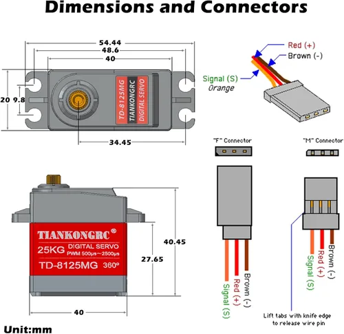Vista 4 de TD-8125MG 55.1 lbs Servo digital 360 grados impermeable gran par de metal engranaje para DIY robot brazo robótico RC Modelo PWM 500μs-2500μs