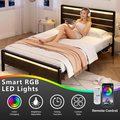 Vista 4 de VINGLI Base de cama de plataforma completa con espacio de almacenamiento debajo de la cama de 12 pulgadas, cabecero y estribo LED RGB, 2 puertos