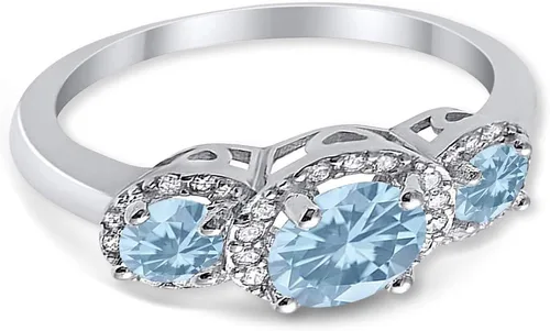 Vista 3 de Blue Apple Co. Anillo de boda con halo de 3 piedras, plata de ley 925 con circonita cúbica redonda simulada