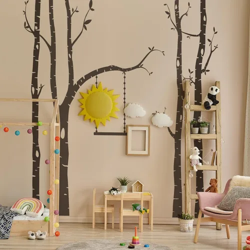 Vista 2 de Calcomanías de pared de árbol grande, arte de pared de bosque de abedul, despegar y pegar, calcomanías de pared para guardería, dormitorio, sala