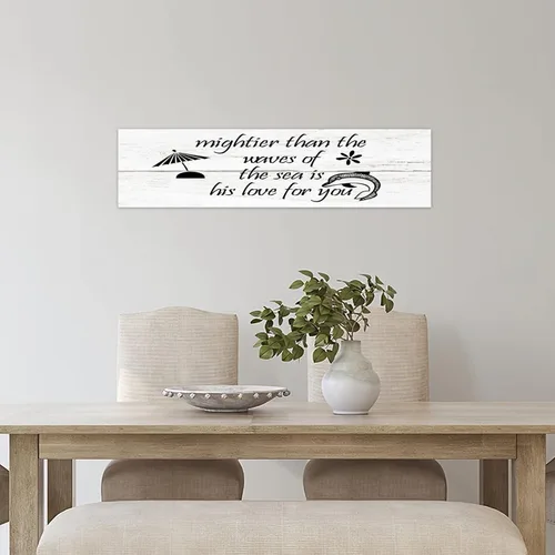 Vista 8 de Letrero de madera retro con texto en inglés "Mightier Than The Waves of The Sea Is His Love for You", 4 x 16 pulgadas, arte decorativo de pared