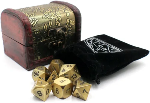 Vista 4 de Juego de dados de metal DND con baúl de almacenamiento dorado / caja para juegos de rol