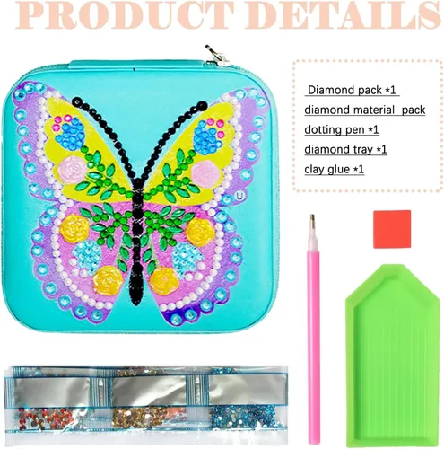Vista 2 de Leatrice Joyero de viaje de mariposa para niñas, pintura de diamantes, mini estuche de viaje para joyería, estuche organizador de viaje y soporte