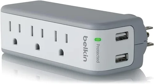 Vista 5 de Belkin - Protector de sobrecargas con montaje en pared, 3 tomas de corriente alterna, 2 puertos USB, divisor de enchufe giratorio plano, extensión
