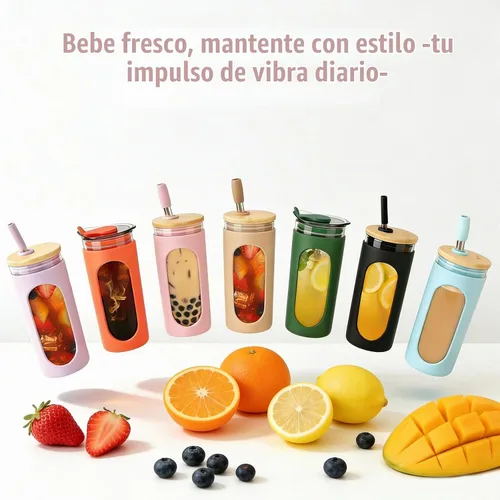 Vista 8 de Sursip - Vaso de vidrio de 20 oz con tapas y popotes, taza de café helado reutilizable de vidrio de borosilicato con tapa de bambú para batido, jugo