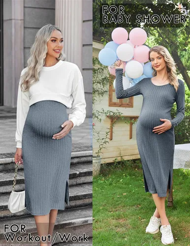Vista 5 de Ekouaer Maternity Dress Rib Knit Long Sleeve Side Slit Bodycon Dresses Pregnancy Baby Shower Clothes S-XXL