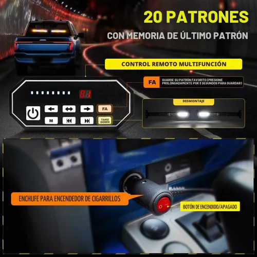 Vista 4 de Barra de Luces de Asesor de Tráfico 2x17.7" con Controlador de Pantalla Digital Parabrisas LED Visera Estroboscópica de Emergencia Luces ámbar blanco