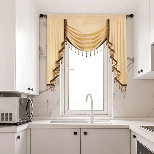 Vista 3 de ELKCA Cenefa de Cascada Jacquard con Cuentas de Lujo Beige Cenefas de Cortinas de Ventana para Sala de Estar, Bolsillo para Varilla, 1 Panel