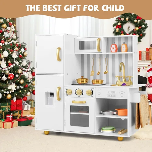Vista 8 de INFANS Juego de cocina para niños, juego de cocina de madera con luz y sonido realistas, estufa, fregadero, microondas, armario de almacenamiento