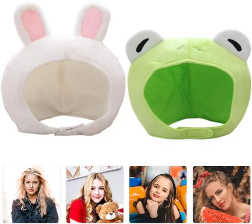Vista 8 de KESYOO Sombrero de rana, 2 unidades, sombrero de orejas de conejo y sombrero de rana, divertido sombrero de animal de peluche, sombrero de rana