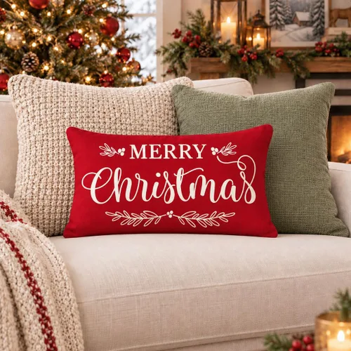 Vista 8 de Fundas de almohada PANDICORN ANDICORN Merry Christmas de 12 x 20 pulgadas, color rojo Rojo navideño
