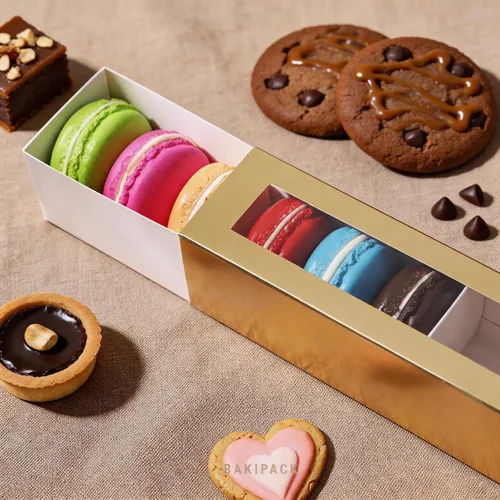 Vista 4 de 25 cajas de macarrones para 6 macarrones, cajas de macarrones dorados con medida interior, 7.3 x 1.9 x 1.9 pulgadas, cajas de regalo de macarons