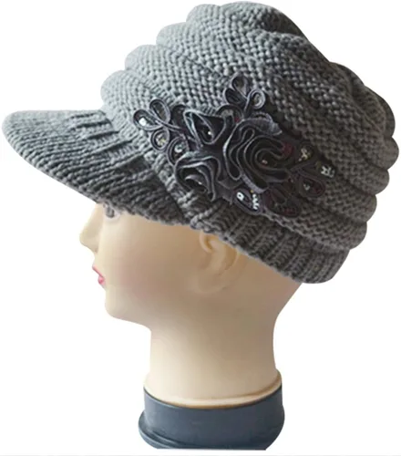 Vista 81 de C-US - Gorro de punto cálido para mujer, con visera de ganchillo con acento de flores
