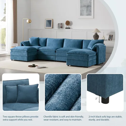 Vista 75 de Moderno sofá modular en forma de U con almohadas para la cintura, sofá cama con diván, sofá tapizado simétrico de felpilla de 6 asientos para sala