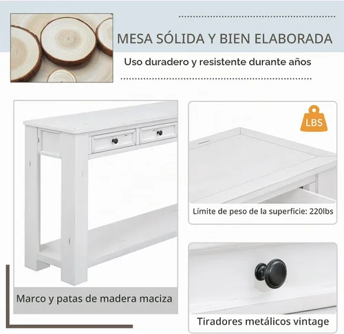 Vista 6 de LKTART - Mesa consola de 63 pulgadas para entrada, mesa de sofá de madera maciza con 4 cajones Blanco antiguo
