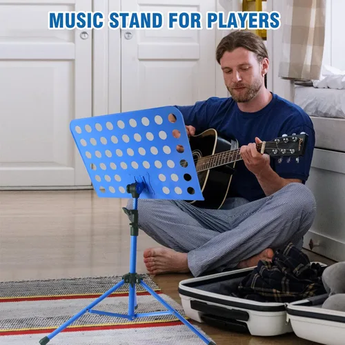 Vista 6 de lotmusic Soporte de música azul, soporte portátil para partituras, soporte de música plegable y ajustable en altura con bolsa, clip de partitura