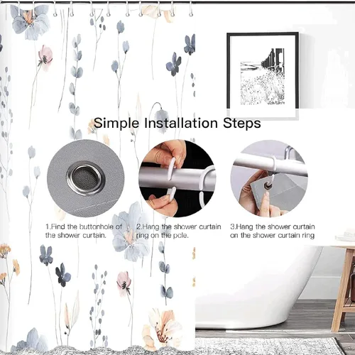 Vista 4 de Juego de cortinas de ducha – Cortina de baño floral con flores azules y beige, cortina de ducha para baño, juego de cortina de ducha de tela