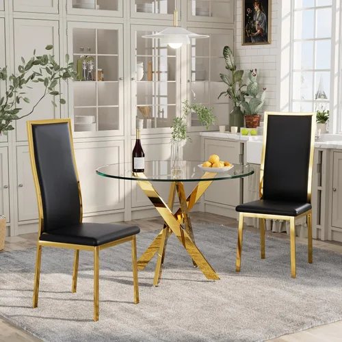 Vista 6 de Juego de 2 sillas de comedor modernas, piel sintética negra con patas de metal dorado cromado, diseño de respaldo alto curvo y acolchado tipo nube