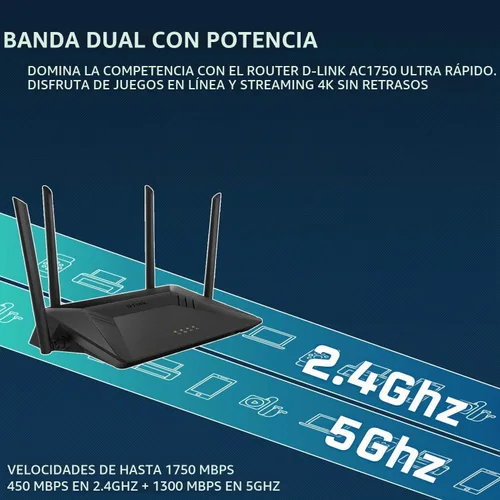 Vista 3 de D-Link Enrutador WiFi, AC1750 Internet inalámbrico para transmisión en el hogar Gigabit y juegos, Smart Dual Band MU-MIMO Controles parentales QoS