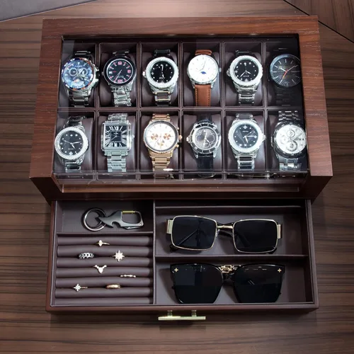 Vista 4 de KAMIER Caja organizadora de relojes con 12 ranuras para hombres, organizador de caja de reloj de madera de dos niveles para hombres con soporte