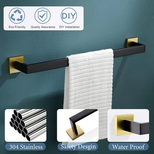 Vista 2 de TQKAG Toallero individual negro y dorado de 23.6 pulgadas, toallero de baño de acero inoxidable montado en la pared, colgador de toallas de baño.