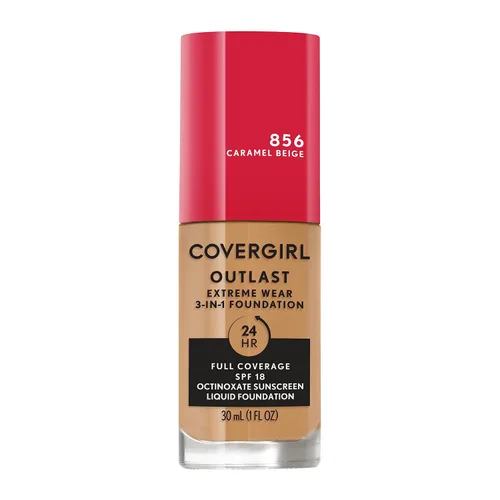 Vista 18 de Covergirl Outlast Extreme Wear Base líquida 3 en 1 de cobertura completa, protector solar SPF 18, beige pulido, 1 onza líquida