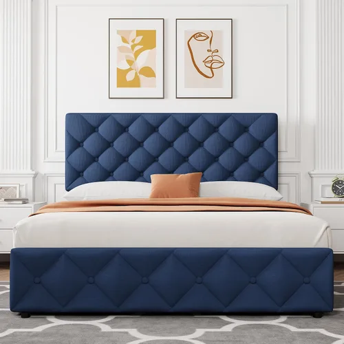 Vista 2 de GarveeHome - Base de cama tamaño Full con 4 cajones de almacenamiento, base de cama tapizada en lino con plataforma y cabecera ajustable, diseño