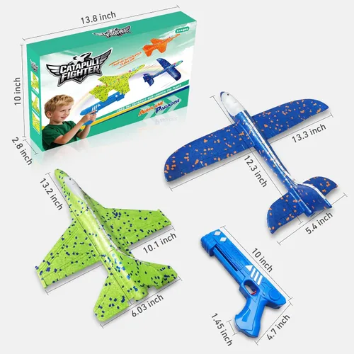Vista 7 de Paquete de 3 juguetes lanzadores de aviones, espuma LED de 13.2 pulgadas 2025 caza F-15 Eagle y avión planeador catapulta para niños, juguetes