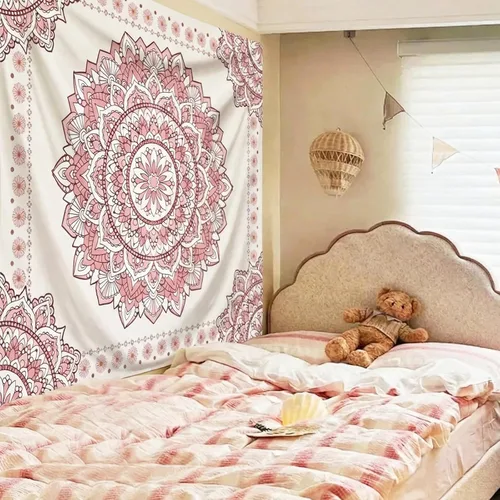 Vista 4 de Atrippy Tapiz de pared bohemio con mandala rosa para dormitorio, tapiz estético blanco y rosa, decoración de habitación para adolescentes y niñas