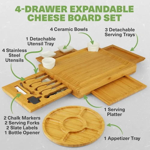 Vista 2 de Dynamic Gear Tabla de charcutería con cajones extraíbles, juego de tablas de queso de bambú expandible con utensilios, cuencos, bandejas
