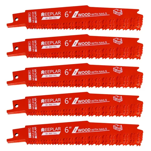 Vista 14 de Paquete de 10 hojas de sierra recíproca de 6 pulgadas 6/12 TPI para madera con clavos incrustados, hojas bimetálicas para cortar montantes y clavos