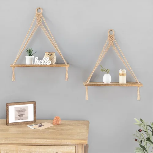 Vista 4 de Mkono - Juego de 2 estantes colgantes de macramé estilo bohemio para decoración de pared, estantes flotantes de madera rústica para almacenamiento