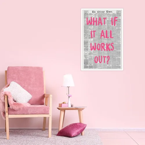 Vista 6 de Liyark Arte de Pared de Lienzo de Periódico Retro y Moderno - Cita de Afirmación Positiva 'What If All Works Out' - Fuente Rosa - Decoración