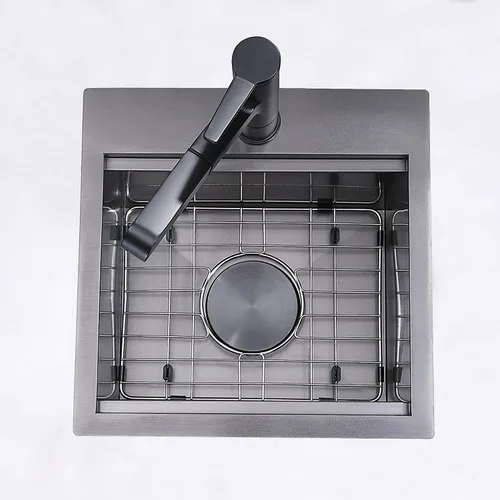 Vista 5 de IKEBANA Fregadero de barra negro de 15 x 15 pulgadas, fregadero de barra sumergible de acero inoxidable de calibre 16, montaje en la parte superior