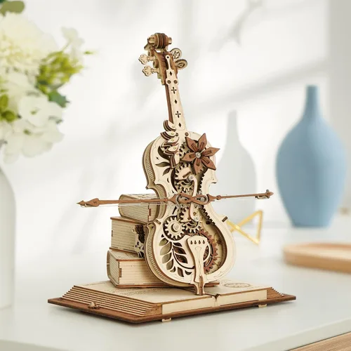 Vista 6 de ROKR Rompecabezas 3D para adultos, a escala 1:5, kit de modelo de violonchelo con base, 199 piezas, caja de música de madera, kit de construcción