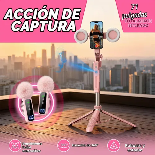 Vista 2 de Kit de vlogging rosa para iPhone/Android, trípode magnético de seguimiento facial automático de 71 pulgadas para iPhone, palo selfie 6 en 1