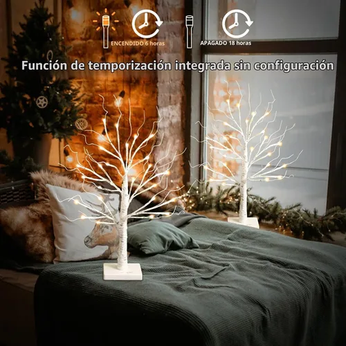 Vista 6 de Árbol de abedul blanco con luces LED, árbol de abedul iluminado para mesa, funciona con 24 luces LED USB o pilas, árbol blanco cálido, mini