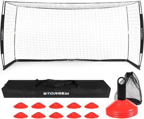 Vista 10 de Storgem Portería de Fútbol, Red de Fútbol, Porterías de Fútbol para Patio Trasero, con Marco de Lazo, Base Metálica Plegable y 15 Conos