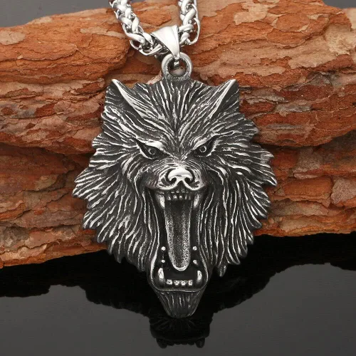 Vista 2 de Collar con colgante de cabeza de lobo vikingo Fenrir de acero inoxidable retro para hombre, Metal, No es una piedra preciosa