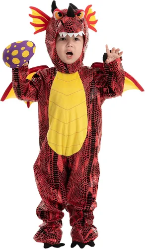 Vista 4 de Disfraz de dragón rojo para niños para Halloween o truco de dinosaurios juego de simulación