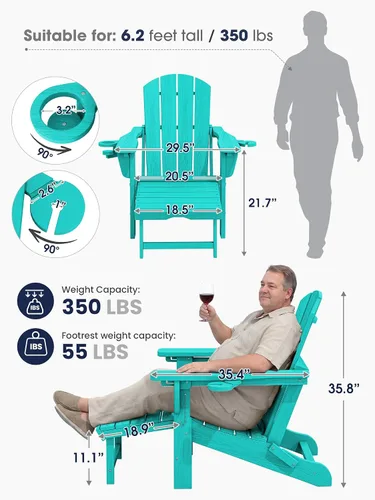 Vista 3 de KINGYES Silla Adirondack plegable ajustable con otomana y 2 portavasos, silla reclinable Adirondack HDPE con reposapiés, Aruba