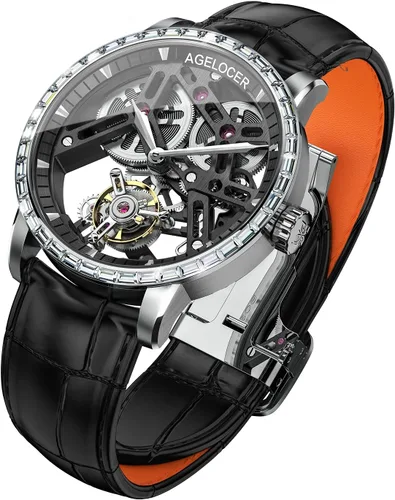 Vista 3 de AGELOCER Reloj de pulsera de cuero mecánico Tourbillon hueco de doble cara para hombre