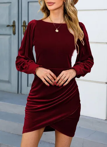 Vista 3 de YIJIU Vestido de terciopelo de manga larga para mujer, cuello redondo, ajustado, corto, fruncido, entallado, para cóctel, fiesta, club, mini vestidos