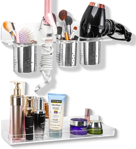 Vista 8 de Organizador de herramientas para el cabello, montaje en pared, juego de 2 soportes acrílicos para secador de pelo, organizadores de tocador de baño
