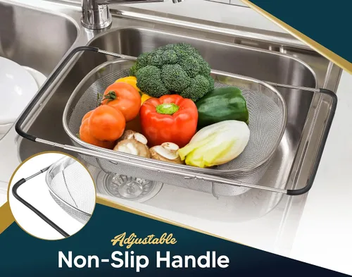 Vista 6 de Colador sobre el fregadero para cocina, cesta coladora sobre el fregadero de 6 cuartos de galón con asas ergonómicas extensibles y pies de apoyo