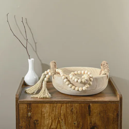 Vista 6 de Paulownia - Cuenco de madera rústica para masa, redondo, con mango de cuerda y guirnalda de cuentas de madera para centro de mesa de Navidad
