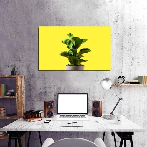 Vista 4 de Cuadro impreso en lienzo para pared, pintura de una hoja de violín, higos o ficus lyrata con hojas verdes brillantes grandes enmarcadas y estiradas