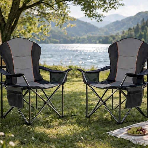 Vista 13 de Sillas plegables de camping para adultos, sillas de césped acolchadas con respaldo alto para exteriores con soporte lumbar y soporte para tazas